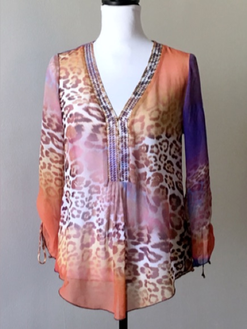 Joseph Ribkoff Sparkly Psychedelic Fairy Leopard Semi-sheer Y2K Top